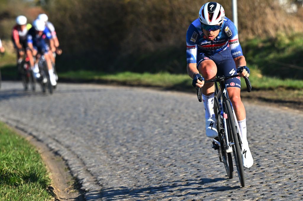 DOUR BELGIUM MARCH 04 Martin Syrgek of Czech Republic and Team Soudal QuickStep attacks in the breakaway during the the 57th Ename Samyn Classic 2025 a 1991km one day race from Quaregnon to Dour on March 04 2025 in Dour Belgium Photo by Luc ClaessenGetty Images