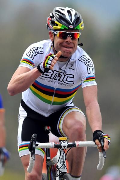 Cadel Evans (BMC) isn't one to do a flamboyant victory dance...