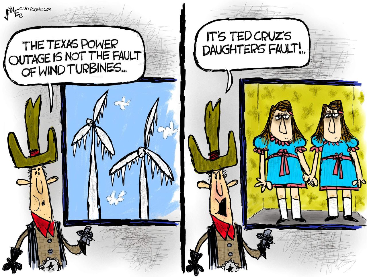 Political Cartoon U.S. texas power outage ted cruz daughters the shining