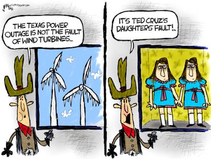 Political Cartoon U.S. texas power outage ted cruz daughters the shining