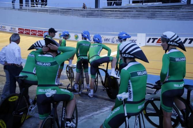 The Irish team gets ready to test the 333m concrete track