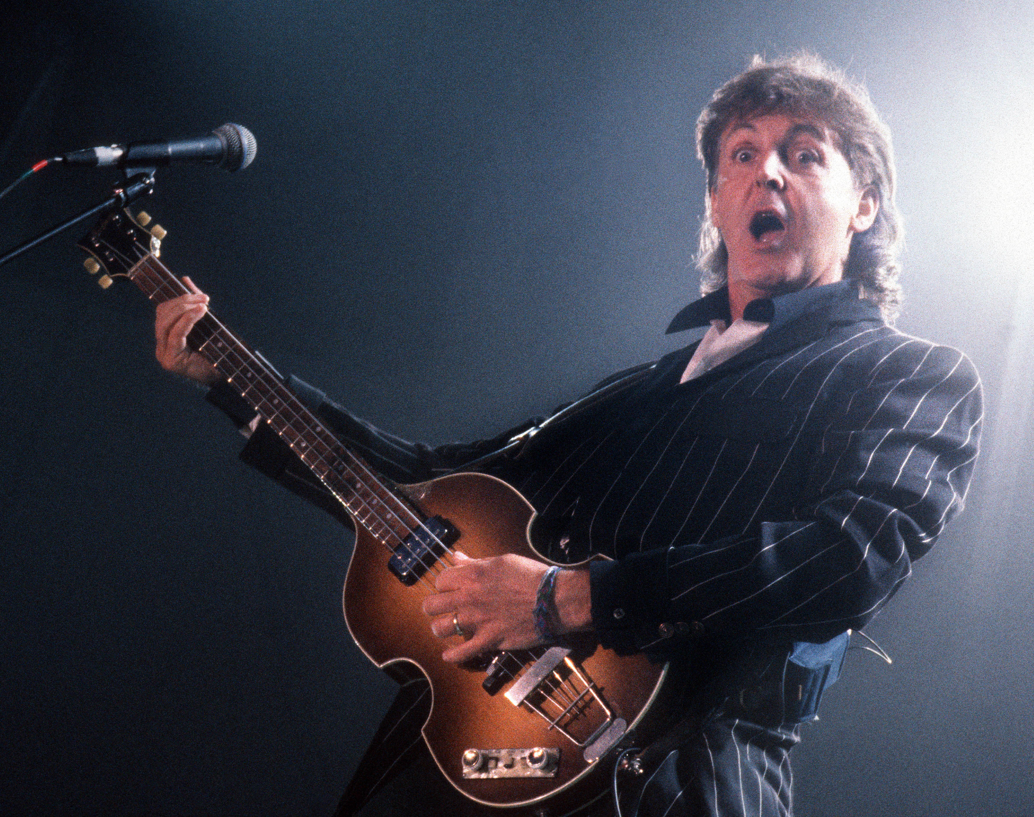 Paul McCartney performs on stage, playing Hofner 500/1 violin bass guitar, at Waldb&amp;uuml;hne on September 3rd 1993 in Berlin, Germany