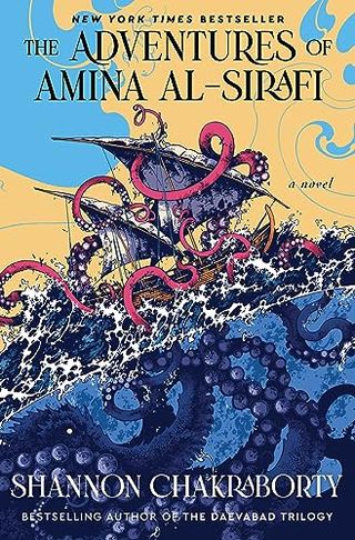 The Adventures of Amina Al-Sirafi book cover with a giant squid reaching its tentacles over a pirate ship