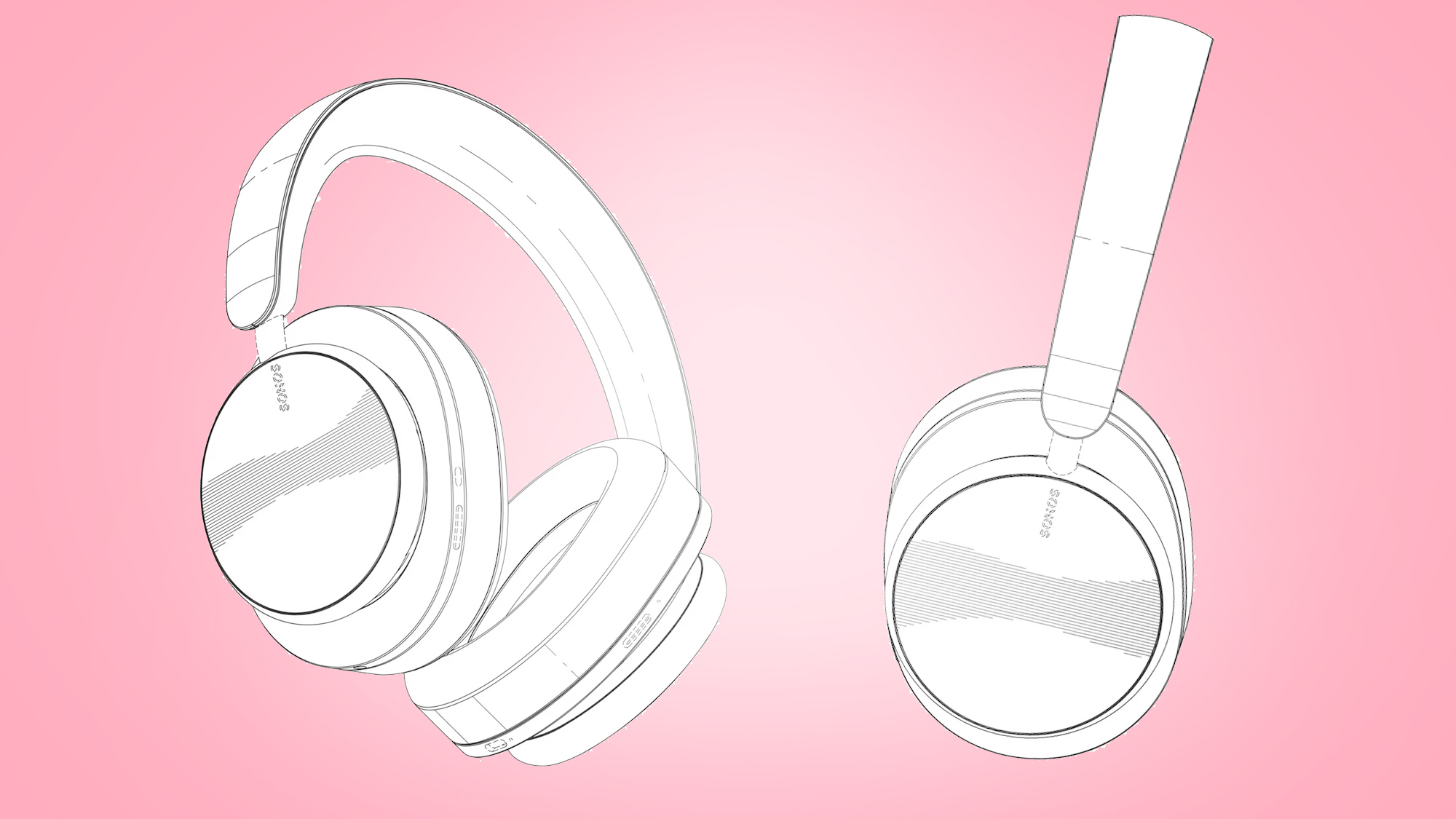 Skisser på Sonos' hörlurar mot en ljusrosa bakgrund.