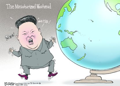 Political cartoon U.S. Kim Jong-un miniature nuclear warhead