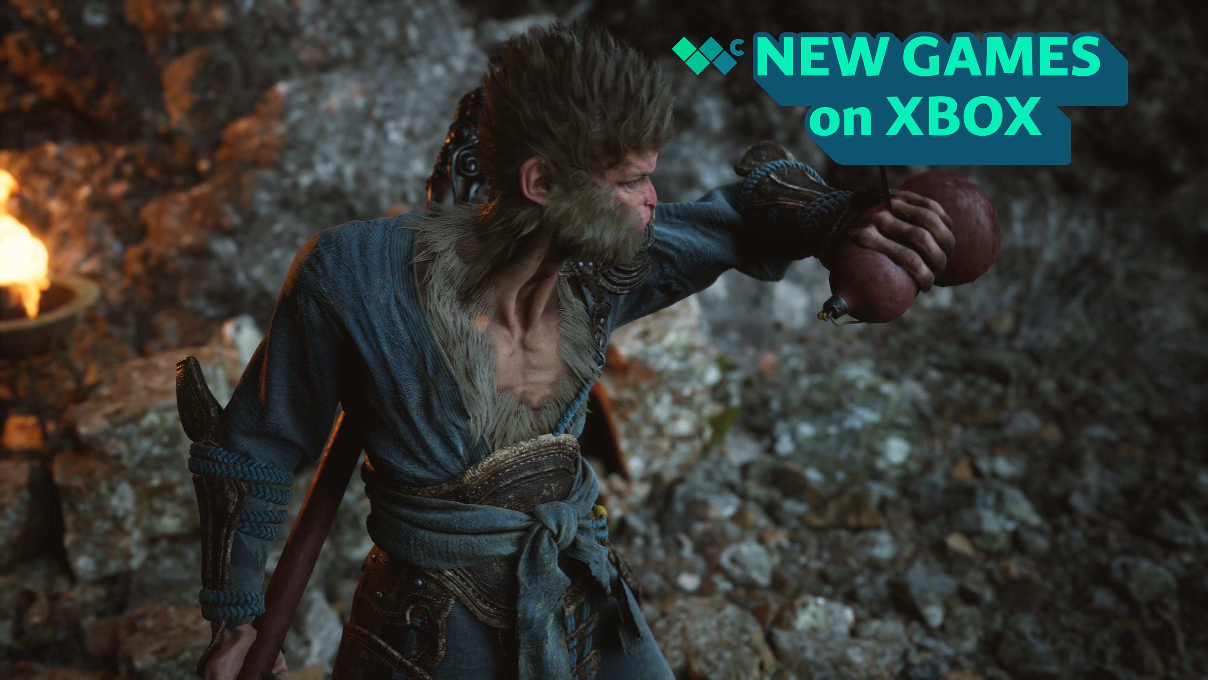 Sun Wukong in Black Myth: Wukong, with the words &quot;New Games on Xbox&quot; in the upper-right corner