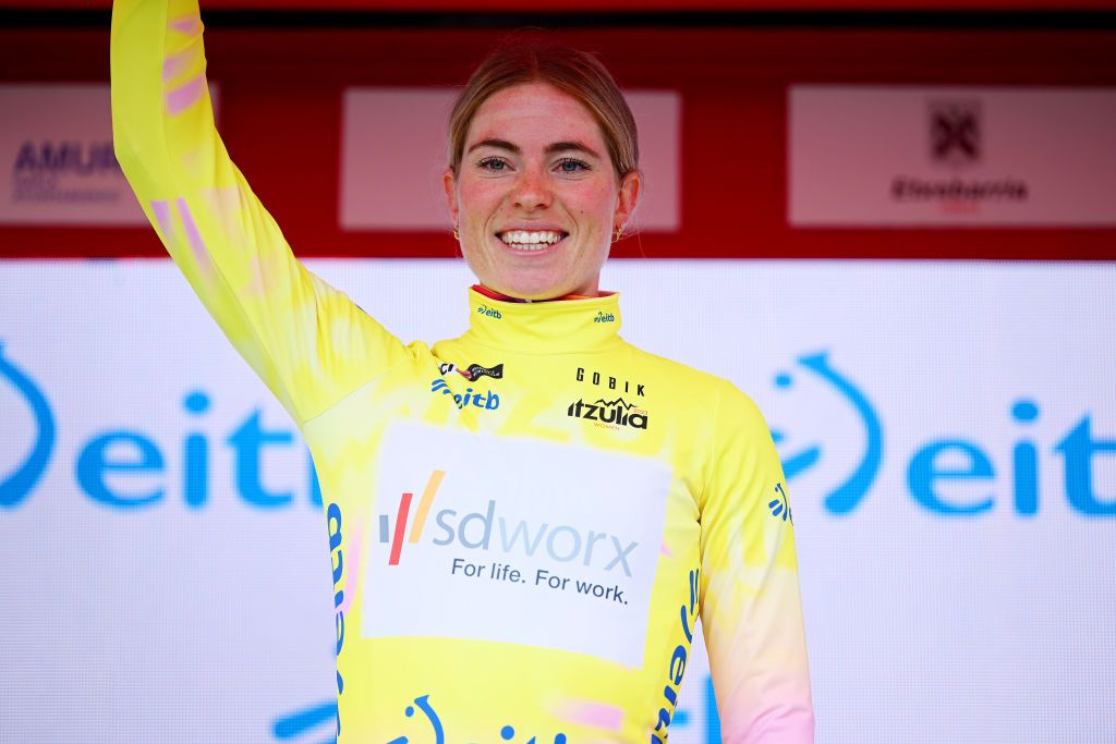 AMURRIO SPAIN MAY 13 Demi Vollering of The Netherlands and Team SD Worx celebrates at podium as Yellow leader jersey winner during the 2nd Itzulia Women 2023 Stage 2 a 1332 stage from VitoriaGasteiz to Amurrio UCIWWT on May 13 2023 in Amurrio Spain Photo by Dario BelingheriGetty Images