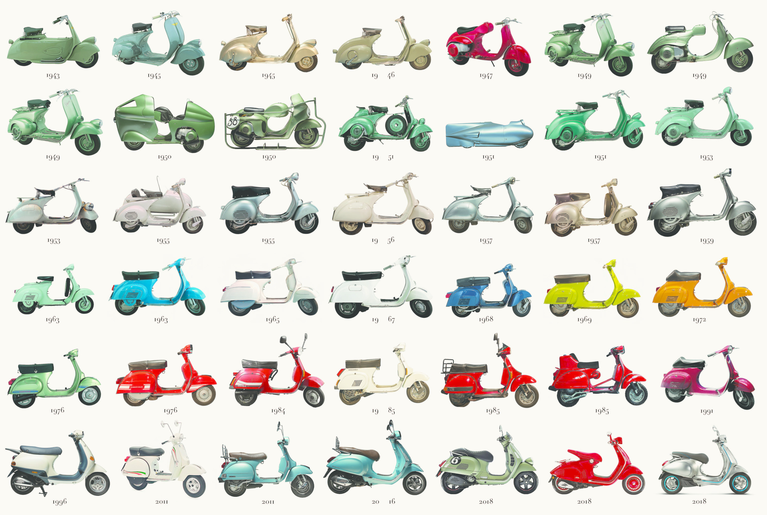 Just a few of the many Vespa models created throughout the previous eight decades.