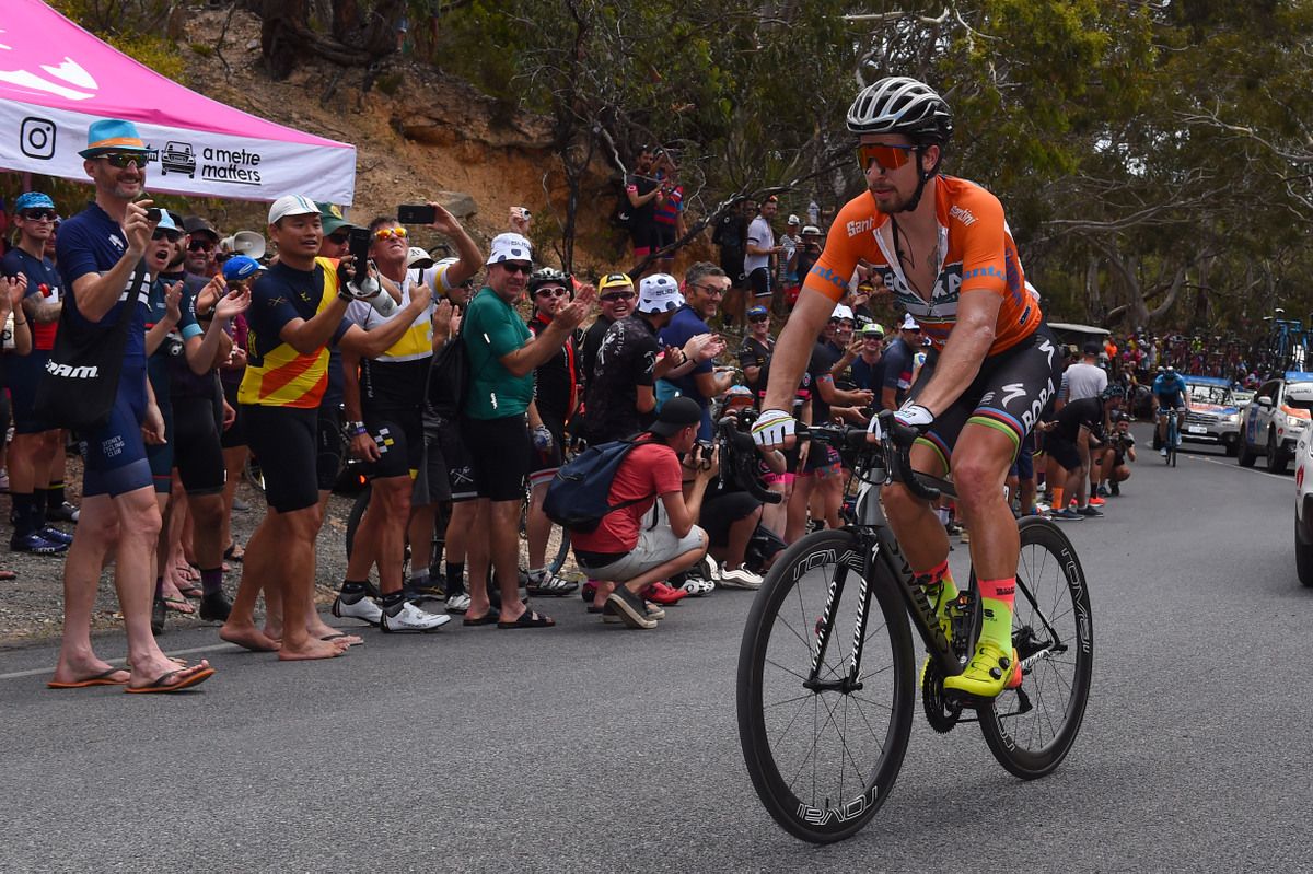 Peter Sagan (Bora-Hansgrohe) riding Willunga Hill in the ochre leader's jersey