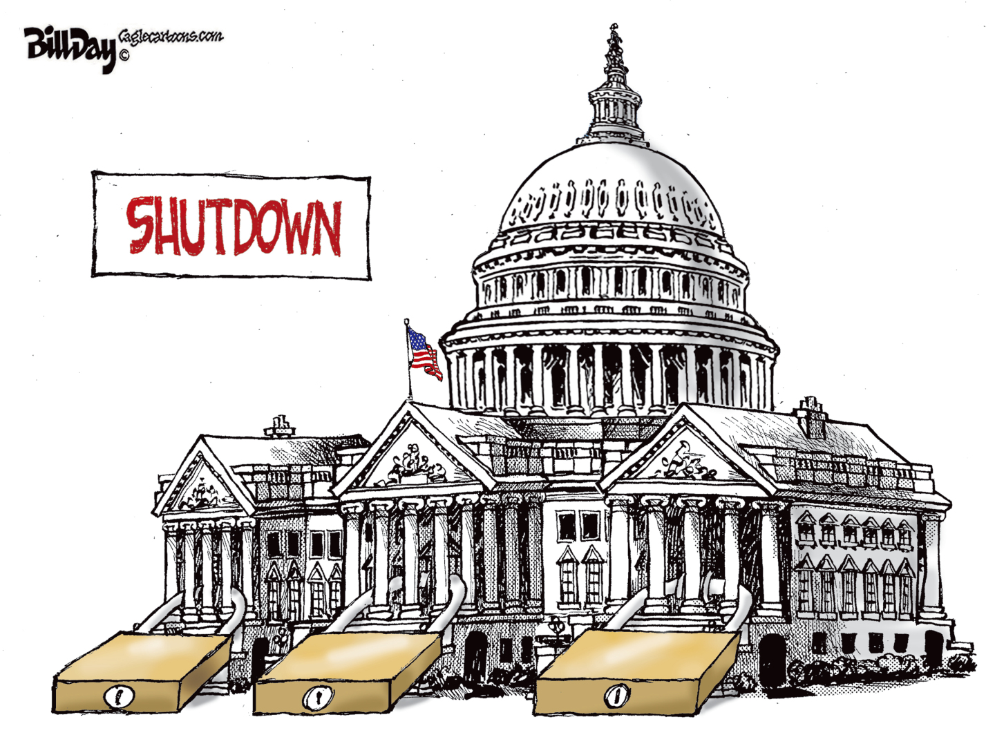 This cartoon is titled &amp;ldquo;Shutdown.&amp;rdquo; It depicts the U.S. Capitol building with padlocks around each section of the legislative branch.