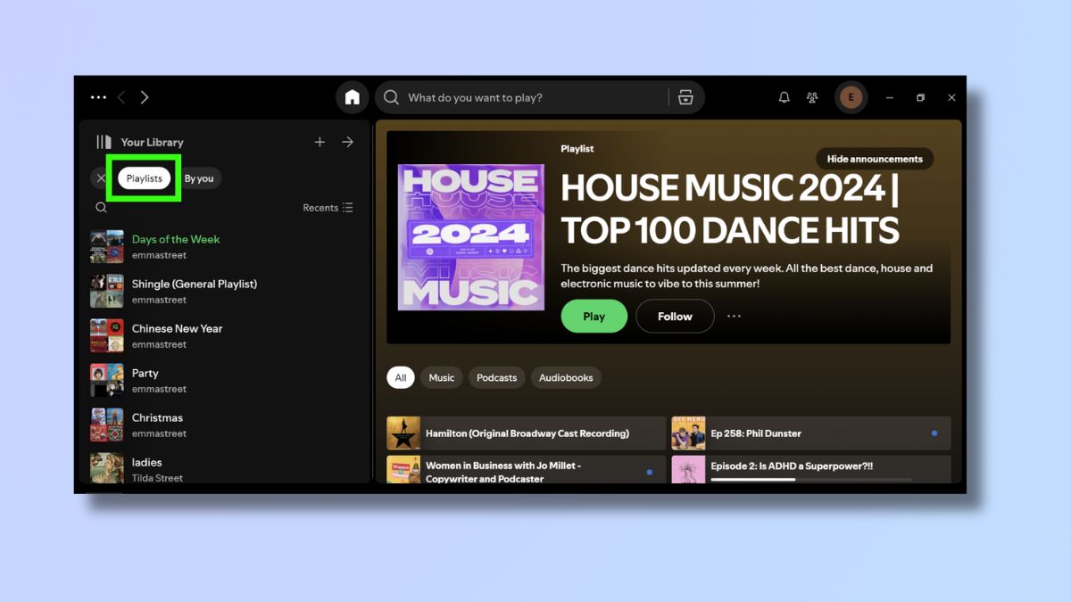 Screenshot showing how to reorder a playlist on Spotify - select playlist