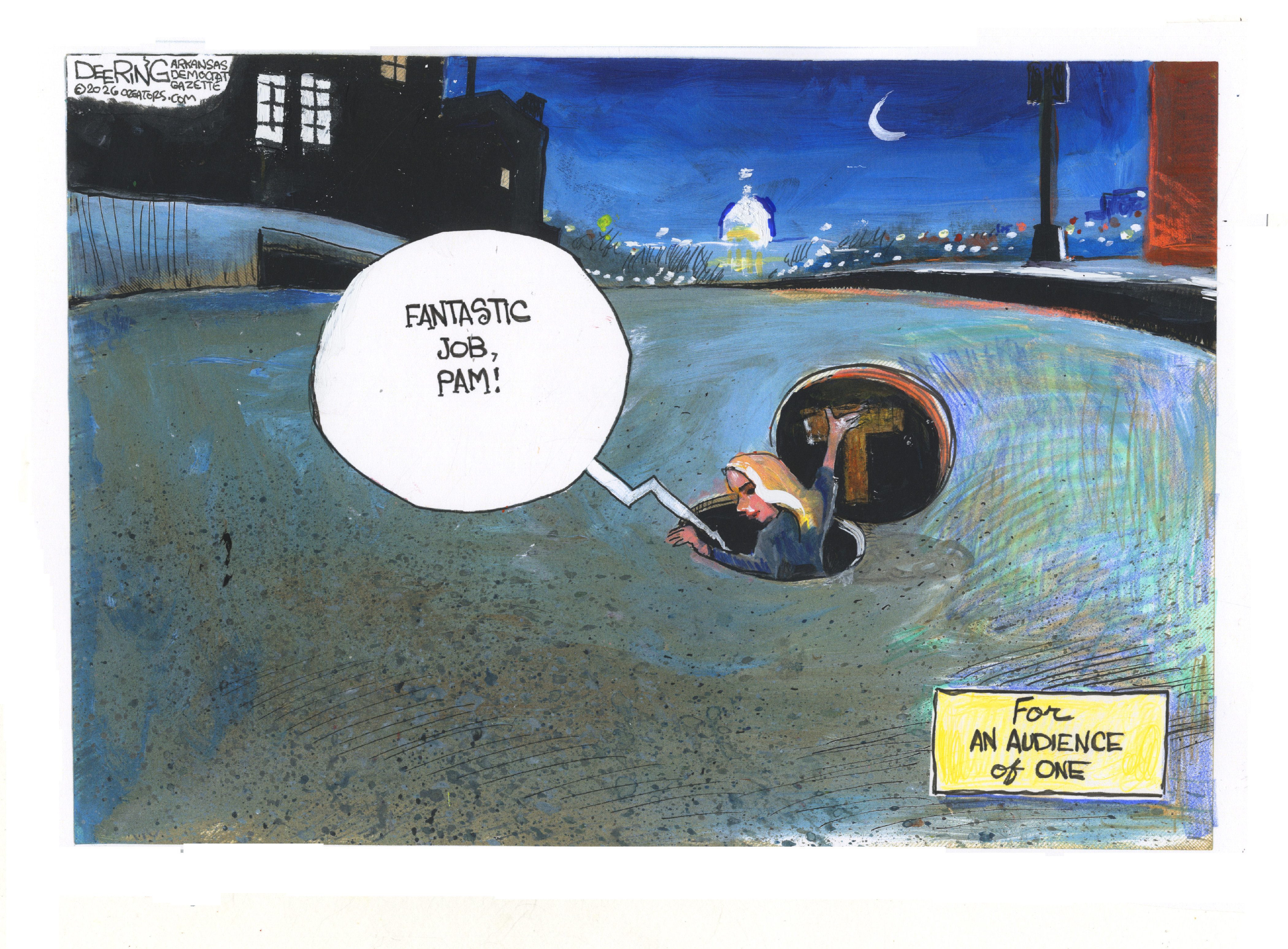 This cartoon is titled &amp;ldquo;For an Audience of One.&amp;rdquo; It is set on a city street at night in Washigtin DC. Pam Bondi through an open manhole as a voice from the sewer says, &amp;ldquo;Fantastic job, Pam!&amp;rdquo;