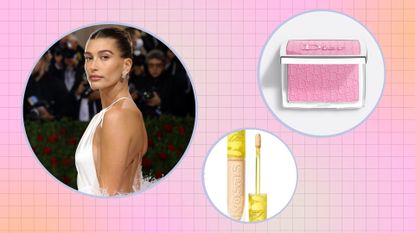 Hailey Bieber with her hair up and wearing natural makeup and a white satin gown/ alongside blush from Dior and concealer by Kosas/ in a pink orange and blue template
