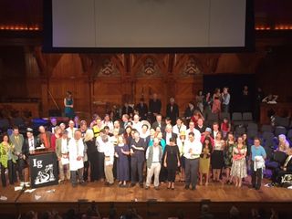 All of the award recipients on stage at Sanders Theater.