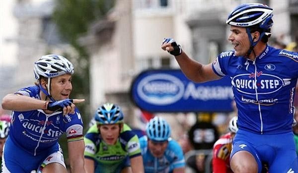 Tom Boonen and Gert Steegmans (Quickstep) hit the peloton with a one-two punch