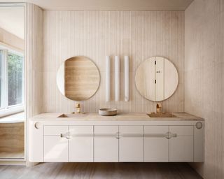 A bathroom with sculptural taps