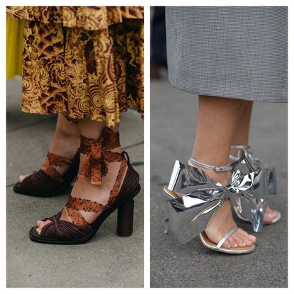 two women wearing sandals in brown and silver with nude pedicures