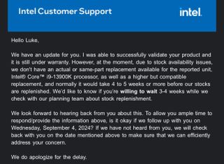 A reddit screenshot claiming delays to the 13900K and 14900K replacement units