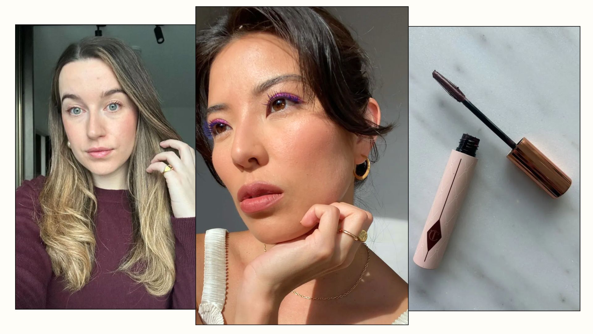 A makeup content creator wearing burgundy mascara and junior beauty editor Grace Lindsay testing burgundy mascara out