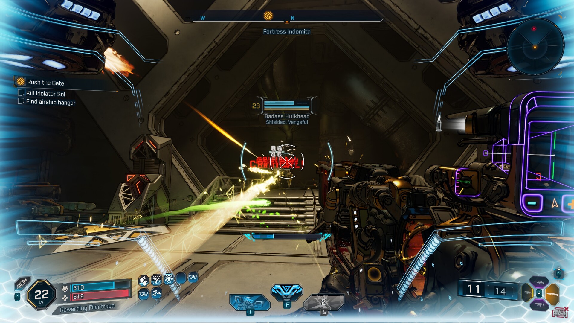 Borderlands 4 screenshot of the player using a shotgun on an enemy.