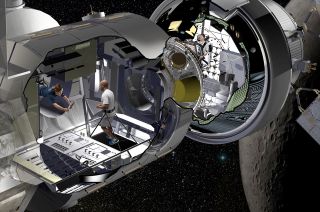 Lockheed Martin artist rendering of the NextSTEP habitat docked with Orion in cislunar orbit as part of a deep space gateway.