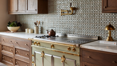 dark wood kitchen with green aga oven and range hood by Kristen Pena
