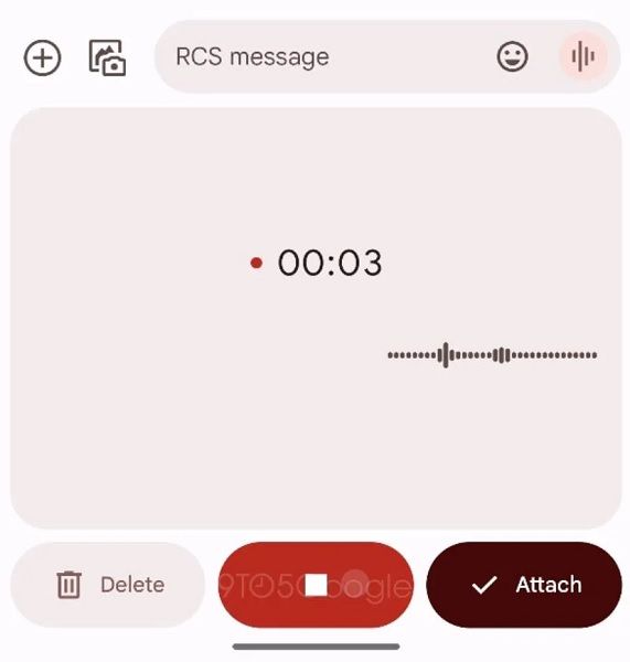 Google Messages' new voice recorder design displays a UI panel, timer, and waveform during recordings.
