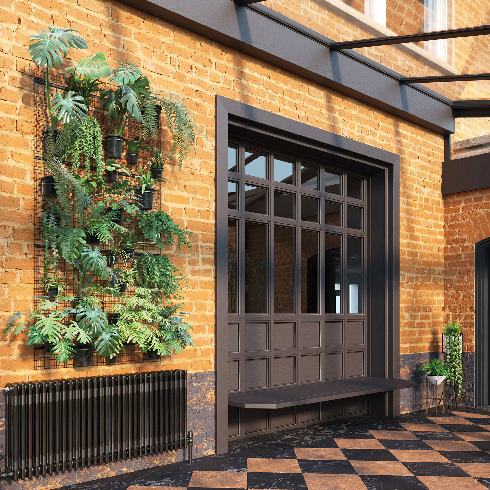 conservatory with glass roof and column radiator