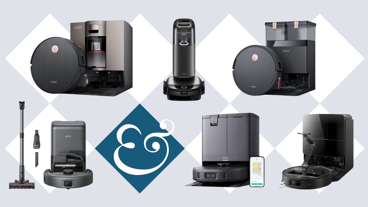 Yeedi, eufy and Roborock robot vacuums on tile background with Homes &amp; Gardens &#039;&amp;&#039; logo.