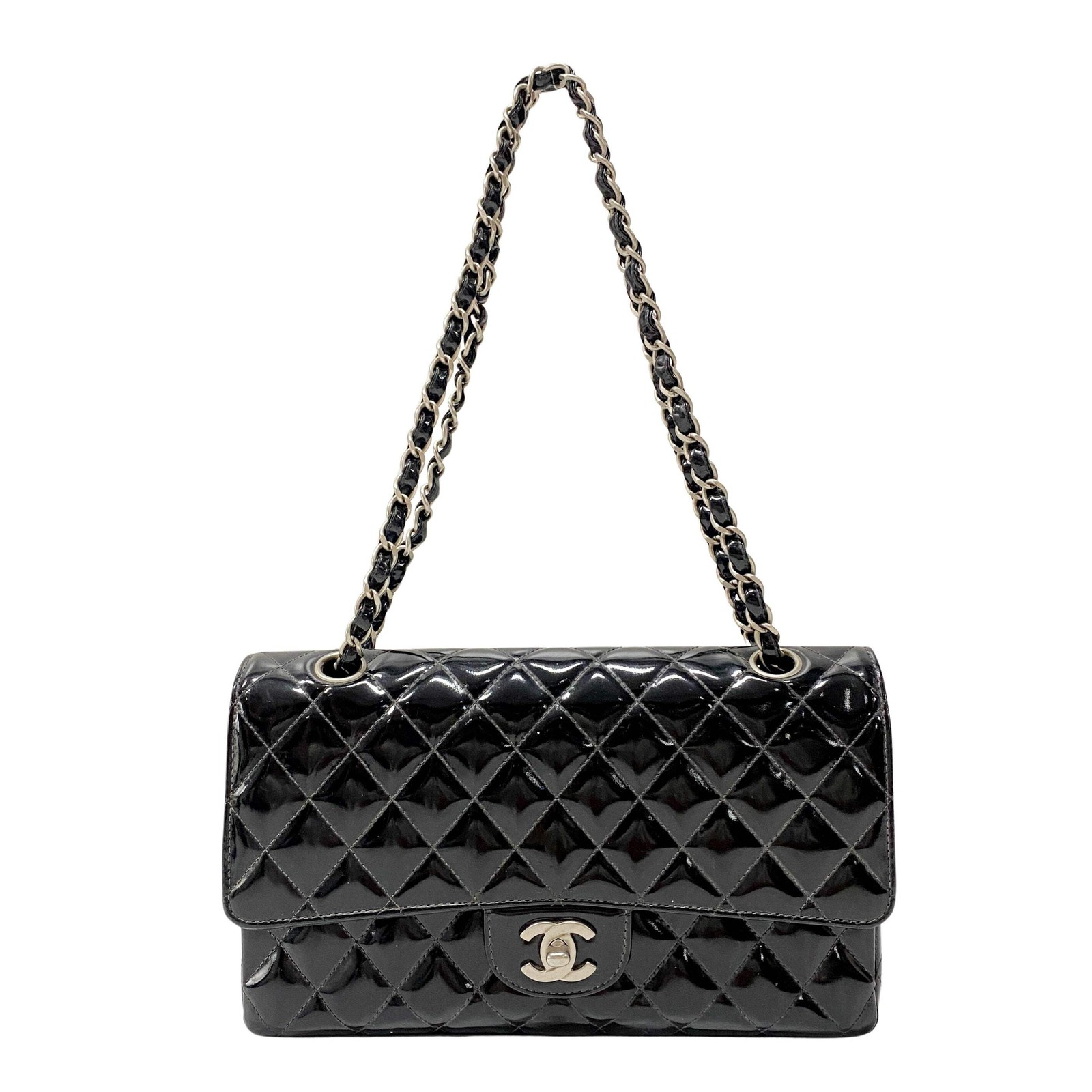 Chanel Timeless Classic Double Flap 25 Black Patent Leather Chain Shoulder Bag