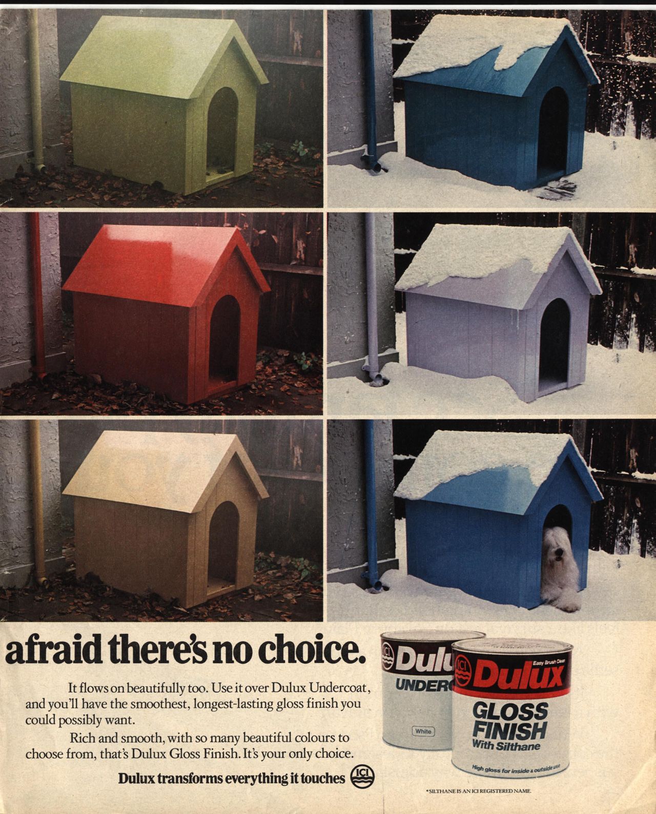 A series of vintage Dulux advertisements featuring old English sheepdogs: painted dog kennels shown in different colours and seasons; a sheepdog carrying a bouquet of flowers in its mouth for the &ldquo;Dulux Matchmaker&rdquo; campaign; a sheepdog sitting in a warmly decorated living room promoting calming interior shades; a sheepdog peering over a bright red gate beside text about home protection; and a close-up of a sheepdog&rsquo;s face next to a blue door under the headline &ldquo;Our pedigree.&rdquo;