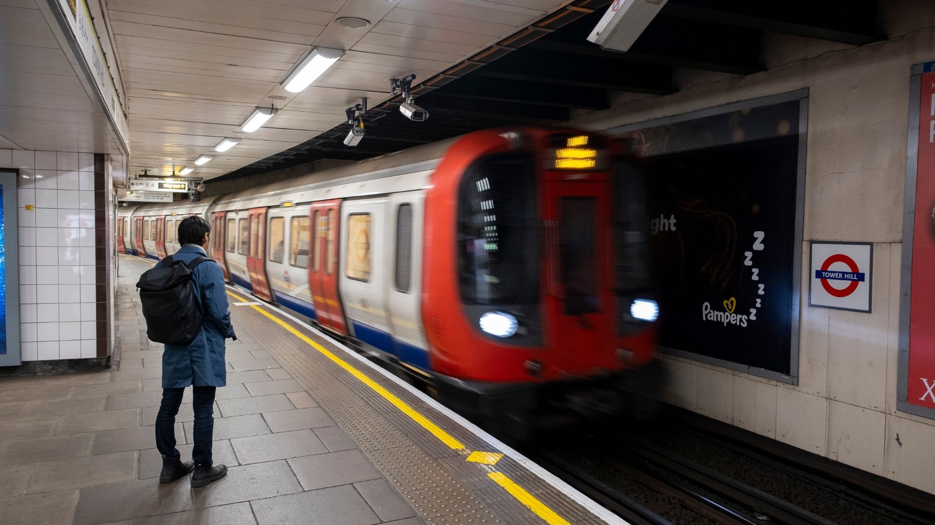 London Underground train pulling in to Tower Hill station on 30th November 2025 in London, United Kingdom. The London Underground is a public rapid transit system serving Greater London. The Underground has its origins in the Metropolitan Railway, the worlds first underground passenger railway. (photo by Mike Kemp/In Pictures via Getty Images)
