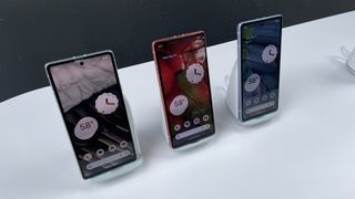 Three google pixel 7a phones at Google I/O