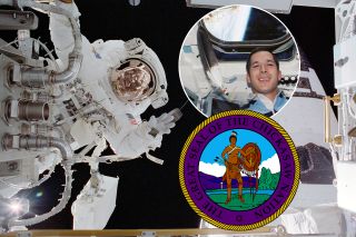 The design of John Herrington's Signature Edition patch was inspired by his favorite spacewalk photo taken of him on STS-113 (background), an eagle feather that he carried on the mission (top inset) and the Chickasaw Nation seal.