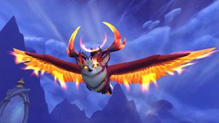 A World of Warcraft character flying on a firey owl mount