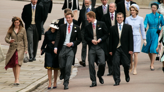 Princess Beatrice, Princess Eugenie, Prince William, Prince Harry and Peter Phillips attend the Service of Prayer and Dedication following the marriage of TRH Prince Charles and The Duchess Of Cornwall, Camilla Parker Bowles at The Guildhall, at Windsor Castle on April 9, 2005 in Berkshire, England in 2005