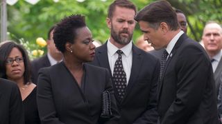 Viola Davis, Garret Dillahunt and Colin Farrell at a funeral in Widows