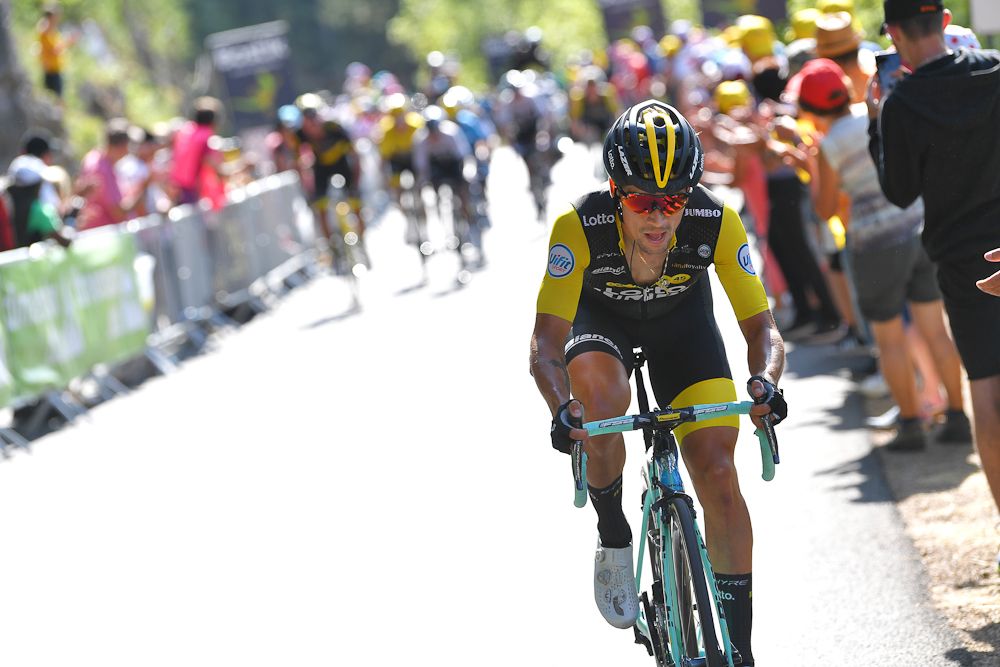 Primoz Roglic (LottoNL-Jumbo) on the attack near the end of stage 14 at the Tour de France