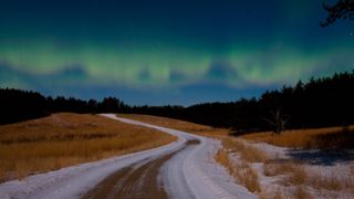 A road and the aurora borealis in Minnesota