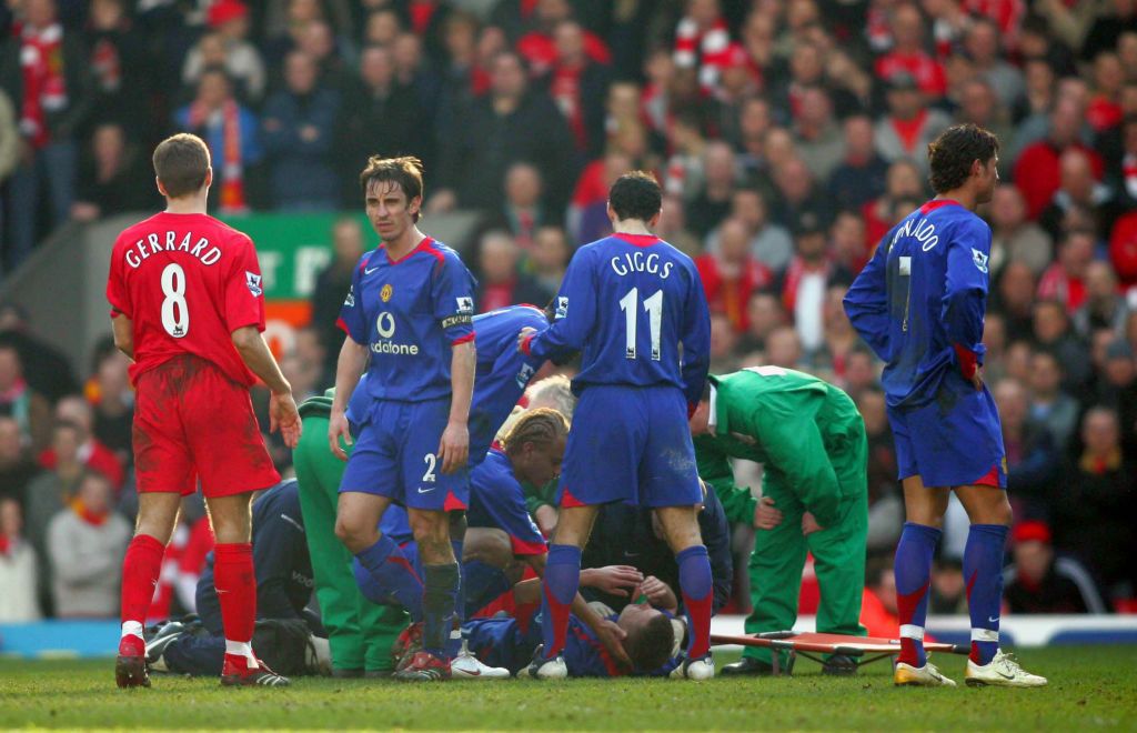 Alan Smith lies injured on the Anfield turf in 2006.