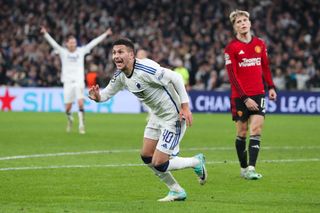 Roony Bardghji of FC Copenhagen celebrates after scoring his side's fourth goal during the UEFA Champions League match between F.C. Copenhagen and Manchester United at Parken Stadium on November 08, 2023 in Copenhagen, Denmark.