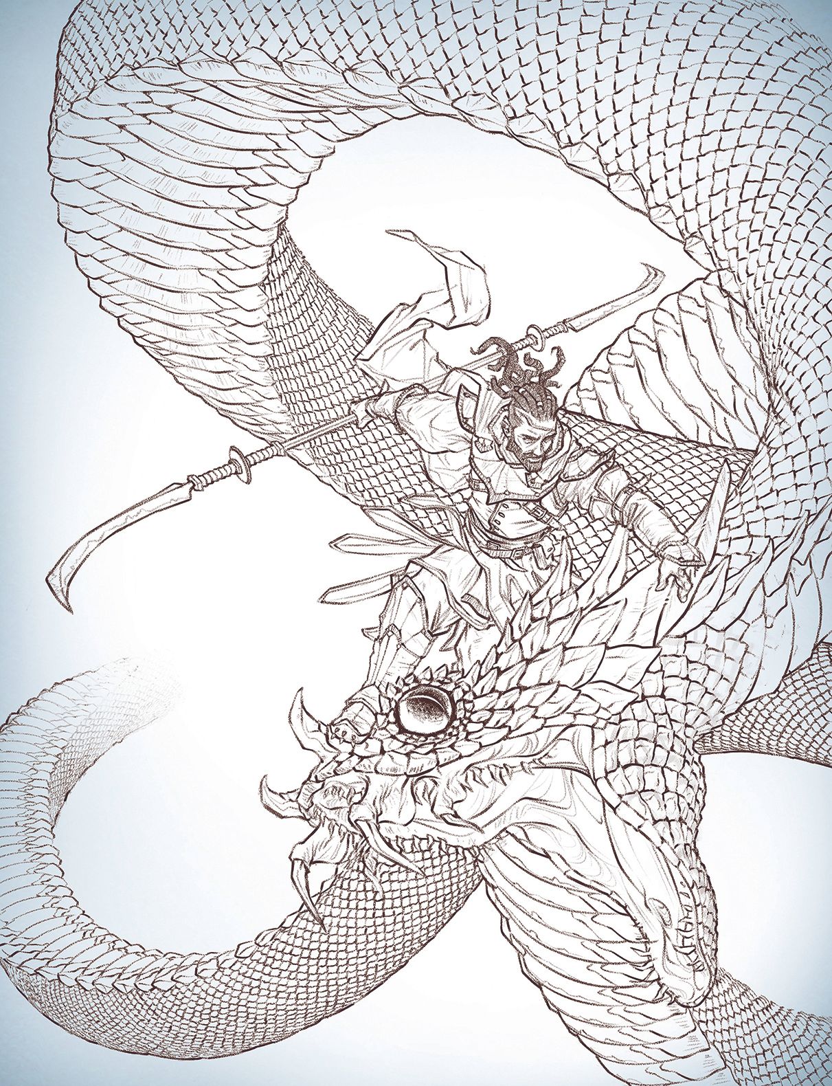 Digital line art showing a warrior and a dragon