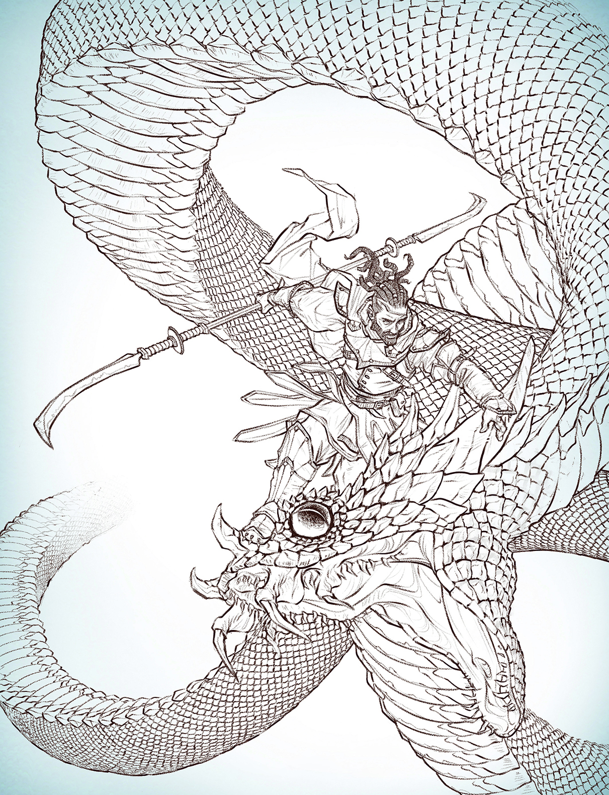 Digital line art showing a warrior and a dragon