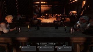 A party of adventurers in a tavern mull over dialogue options