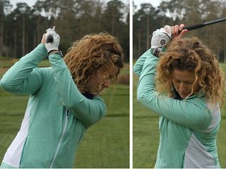 PGA Pro Katie Dawkins with a collapsed left arm at the top of her backswing