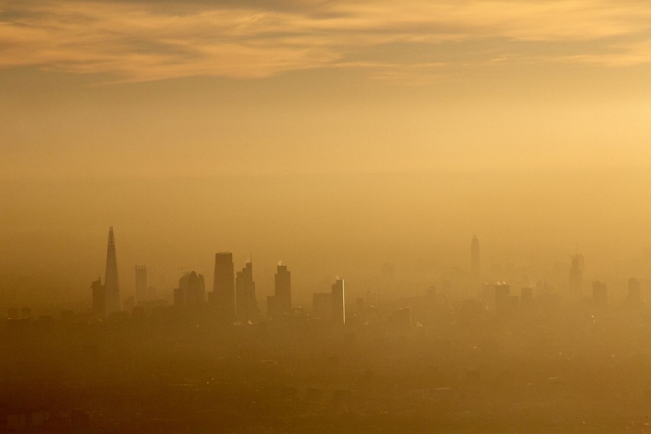 Aerial view of fog over London.