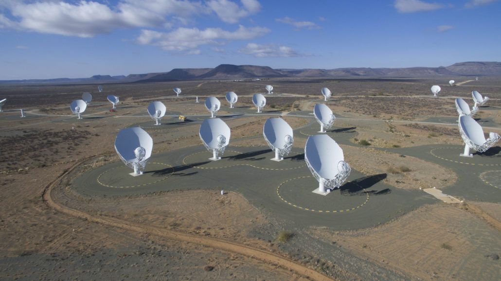 An overhead view of South Africa&#039;s MeerKAT radio-telescope array while it was under construction. The 64-dish network was inaugurated in July 2018.