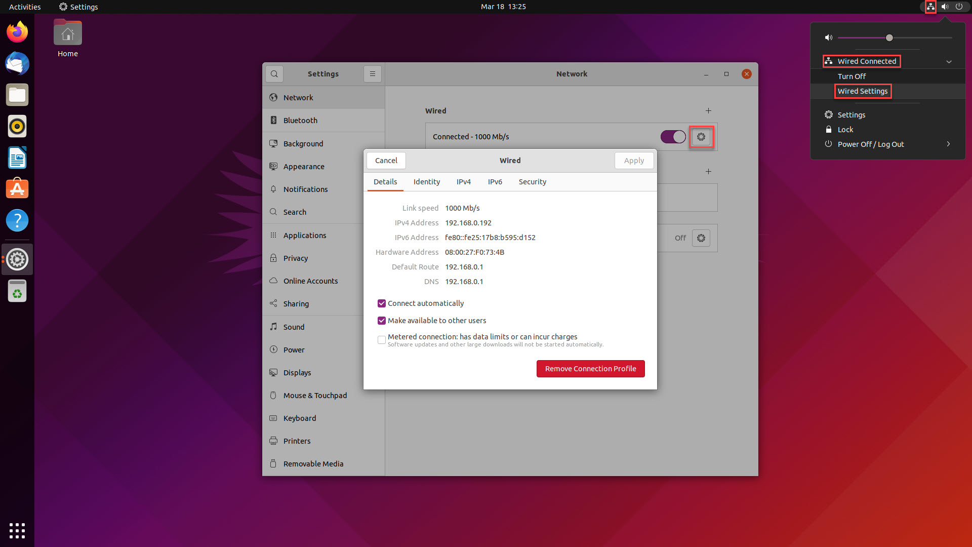 Screenshot of the Ubuntu Network Settings with the relevant UI elements highlighted