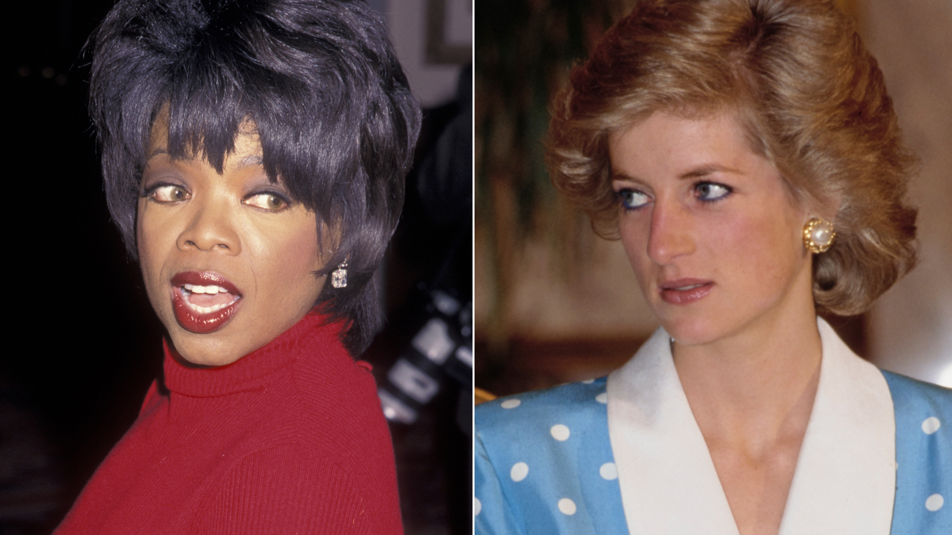 Oprah Winfrey wears a bright red dress, and opposite, Princess Diana is wearing a blue Catherine Walker outfit at Bayan Palace in Bayan, Kuwait, 13th March 1989