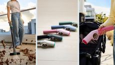 The Shark BlastBoss All In One Cleaner being used to clean a pram and leaves, with an image of the BlastBoss being lined up